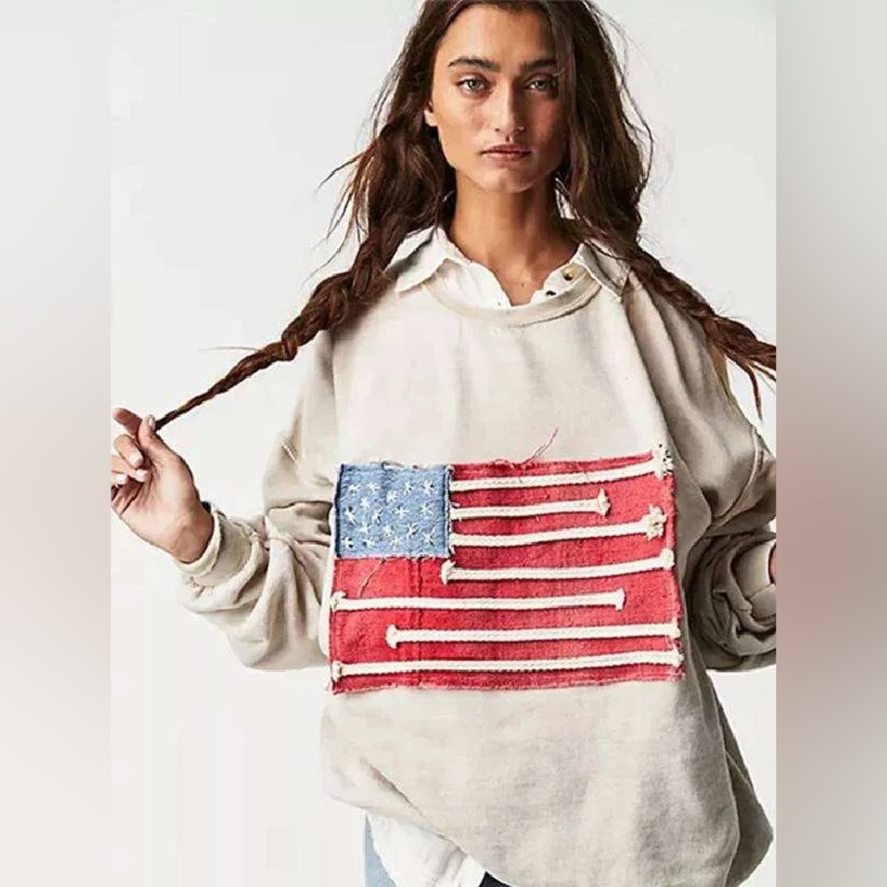 Free People x Tricia Fix Beige American Flag Sweatshirt